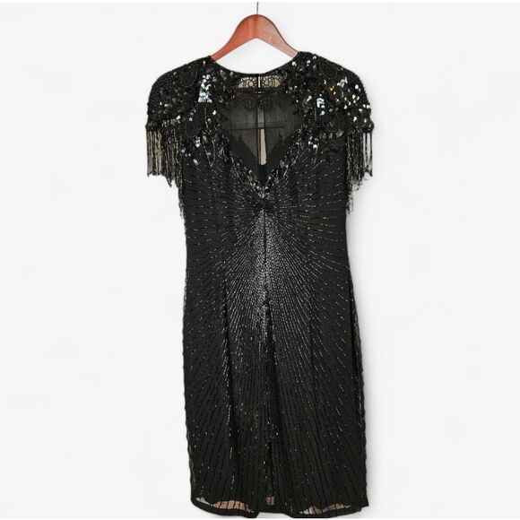 Vintage Cache 100% Silk Black Beaded Art Deco Wiggle '50s Style Flapper Dress 8 - Picture 2 of 14